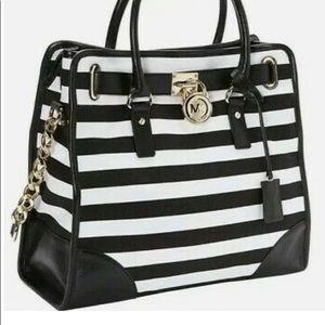 Michael Kors black white striped Hamilton bag